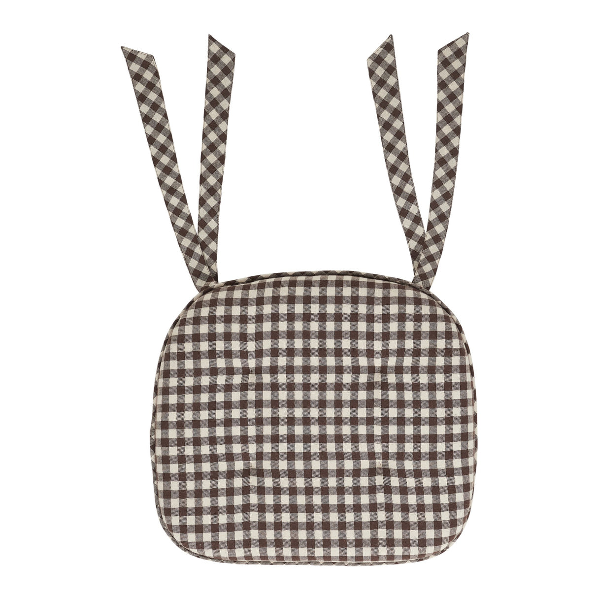 Coffee Brown Gingham Chair Pad with Ties - 15.5x17 Rustic Farmhouse Seat Cushion