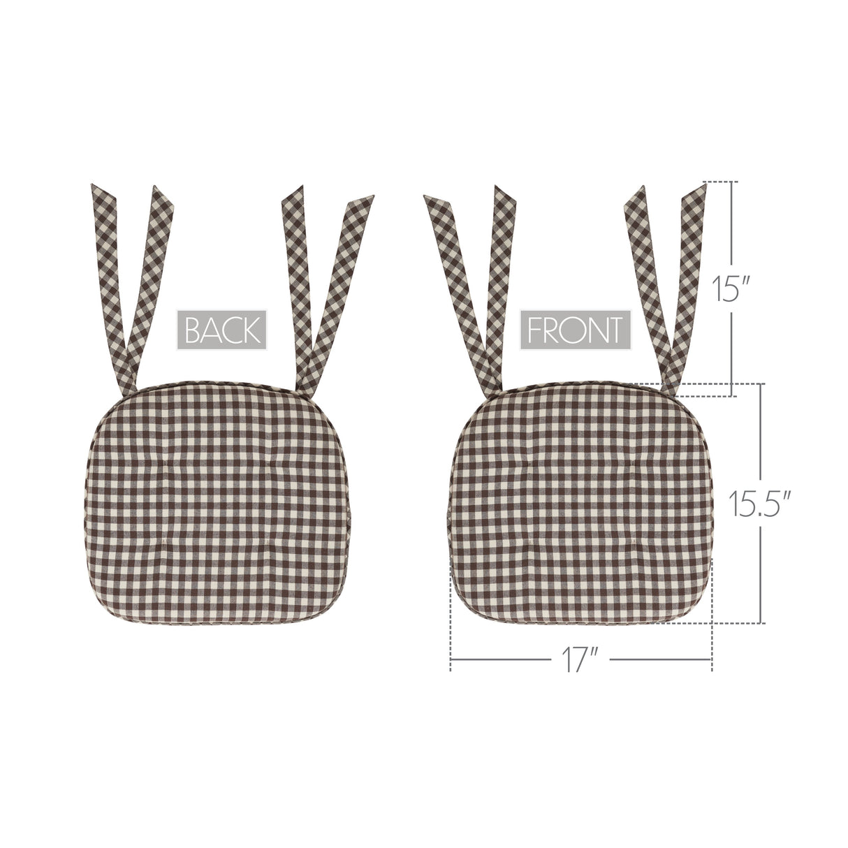 Coffee Brown Gingham Chair Pad with Ties - 15.5x17 Rustic Farmhouse Seat Cushion