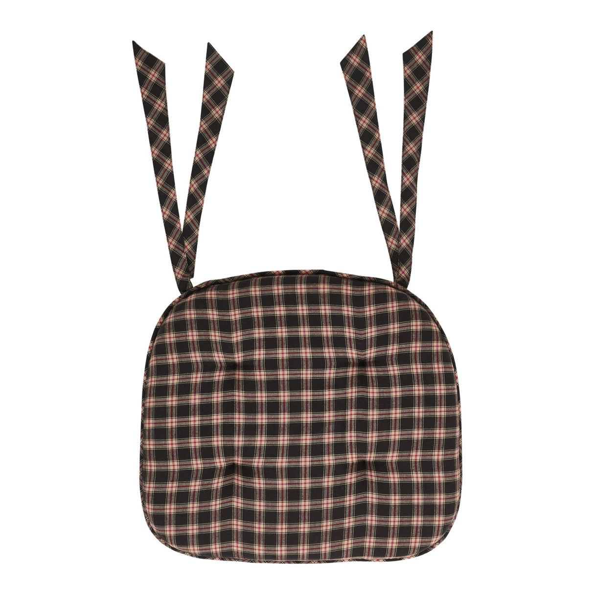 Bingham Black Red Tan Plaid Chair Pad with Ties - 15.5x17 Rustic Farmhouse Stuffed Seat Cushion