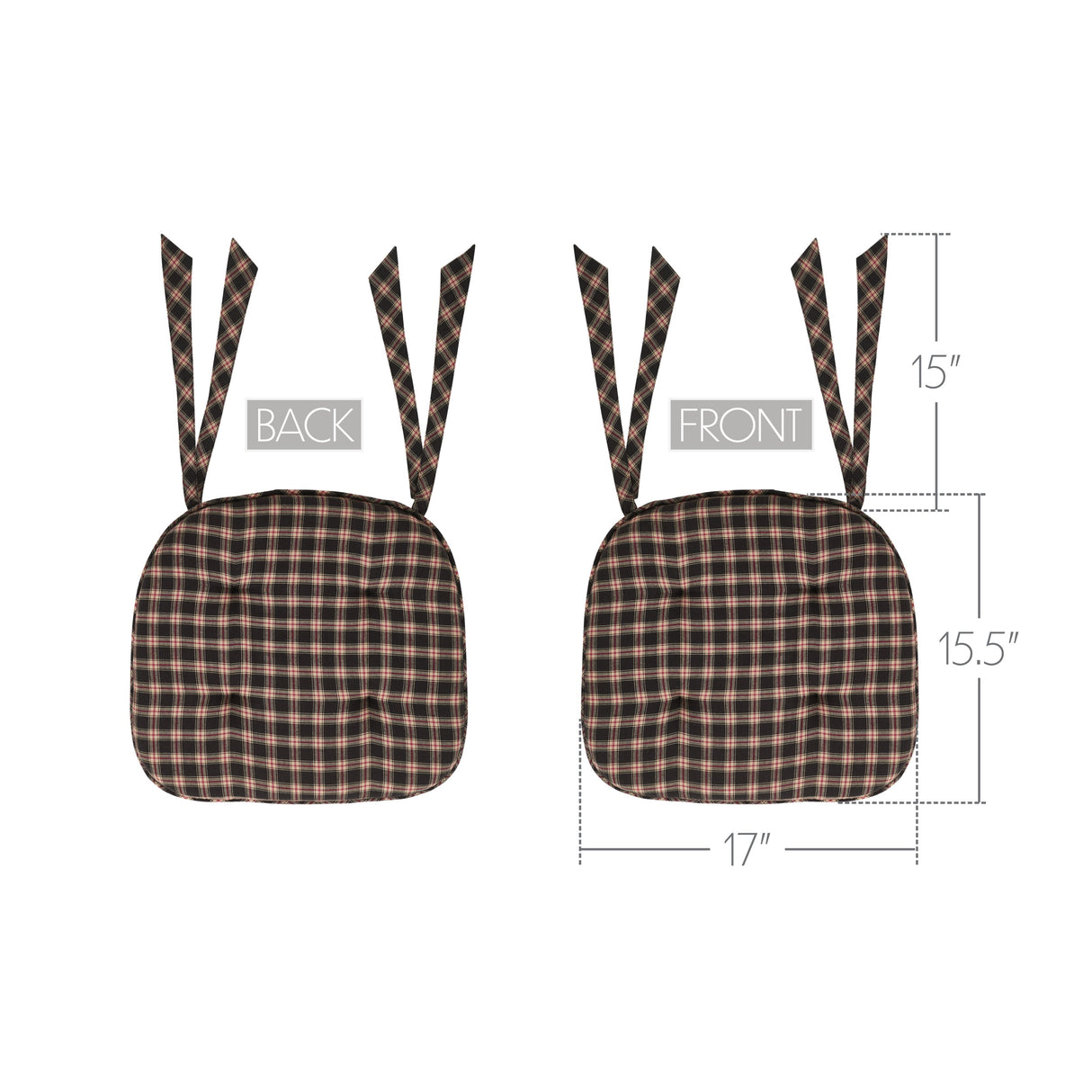 Bingham Black Red Tan Plaid Chair Pad with Ties - 15.5x17 Rustic Farmhouse Stuffed Seat Cushion