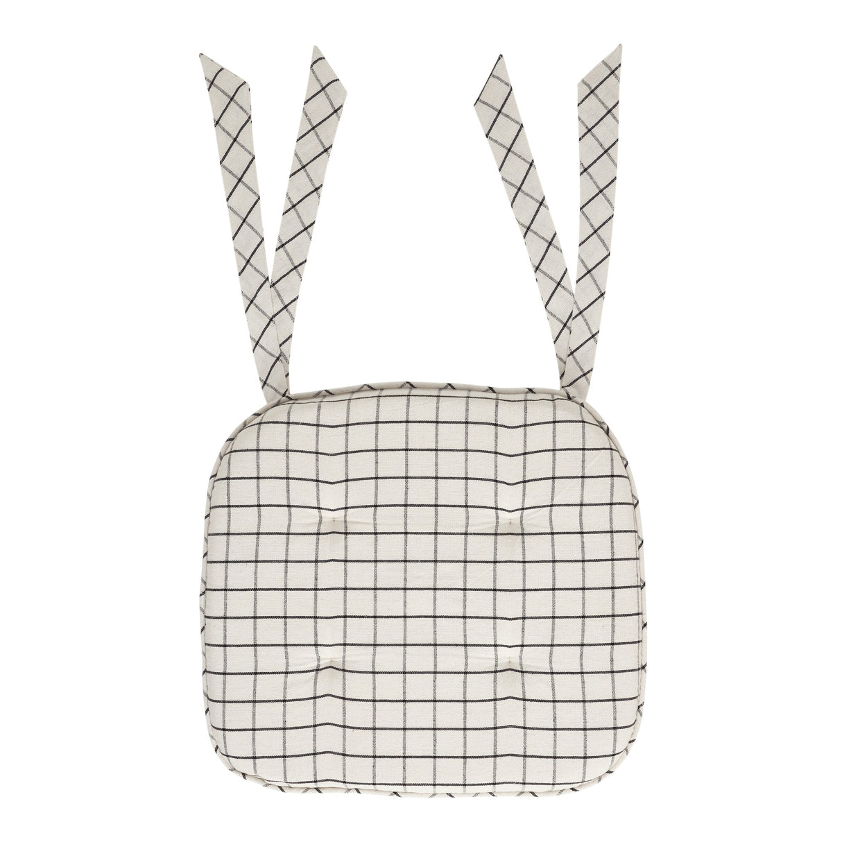 Black White Ivory Windowpane Check Woven Chair Pad - 15.5x17 Rustic Farmhouse Seat Cushion with Ties