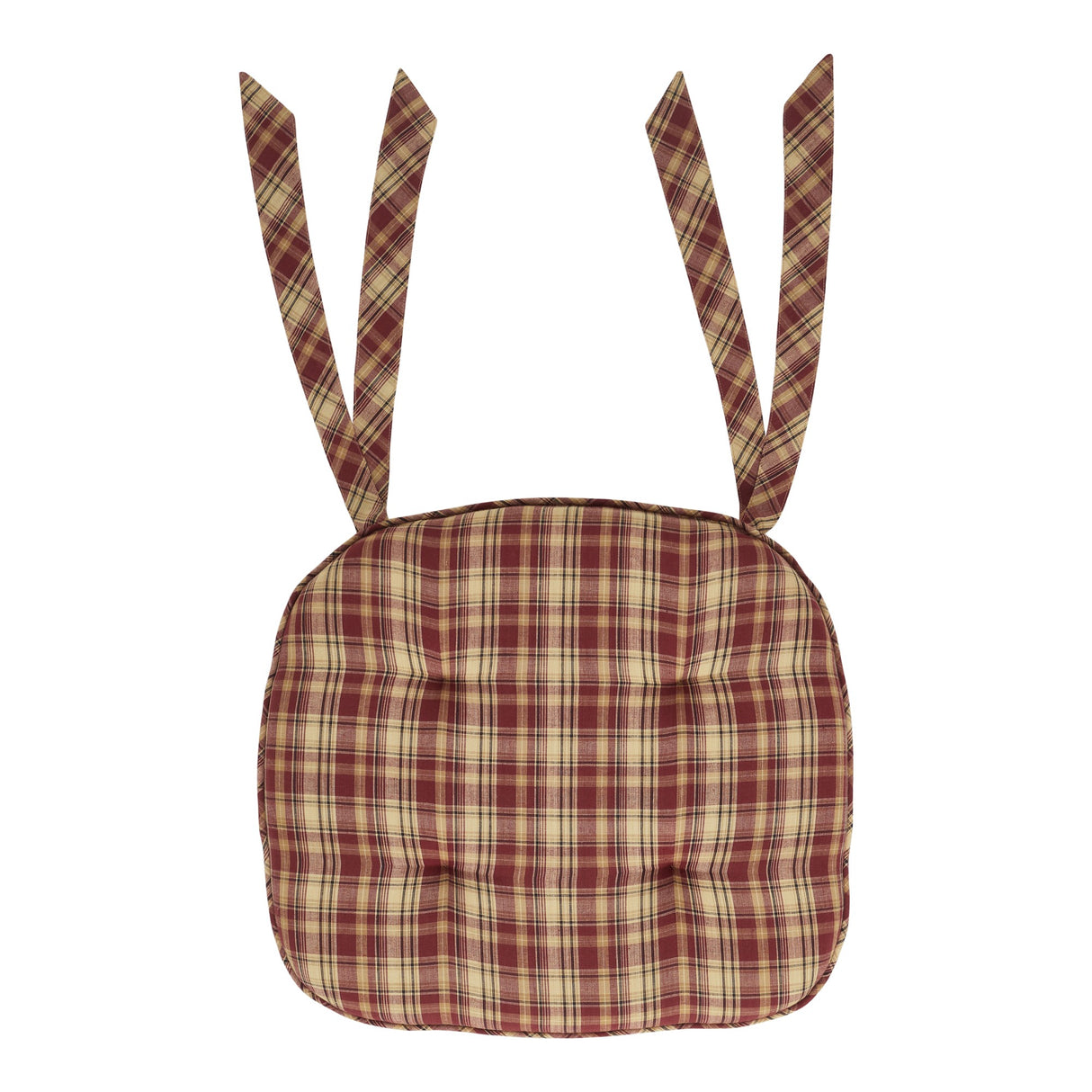Beckham Red Black Tan Plaid Chair Pad with Ties - 15.5x17 Rustic Farmhouse Stuffed Seat Cushion