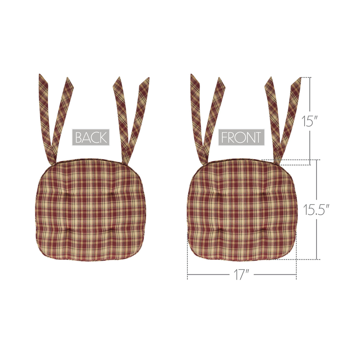 Beckham Red Black Tan Plaid Chair Pad with Ties - 15.5x17 Rustic Farmhouse Stuffed Seat Cushion
