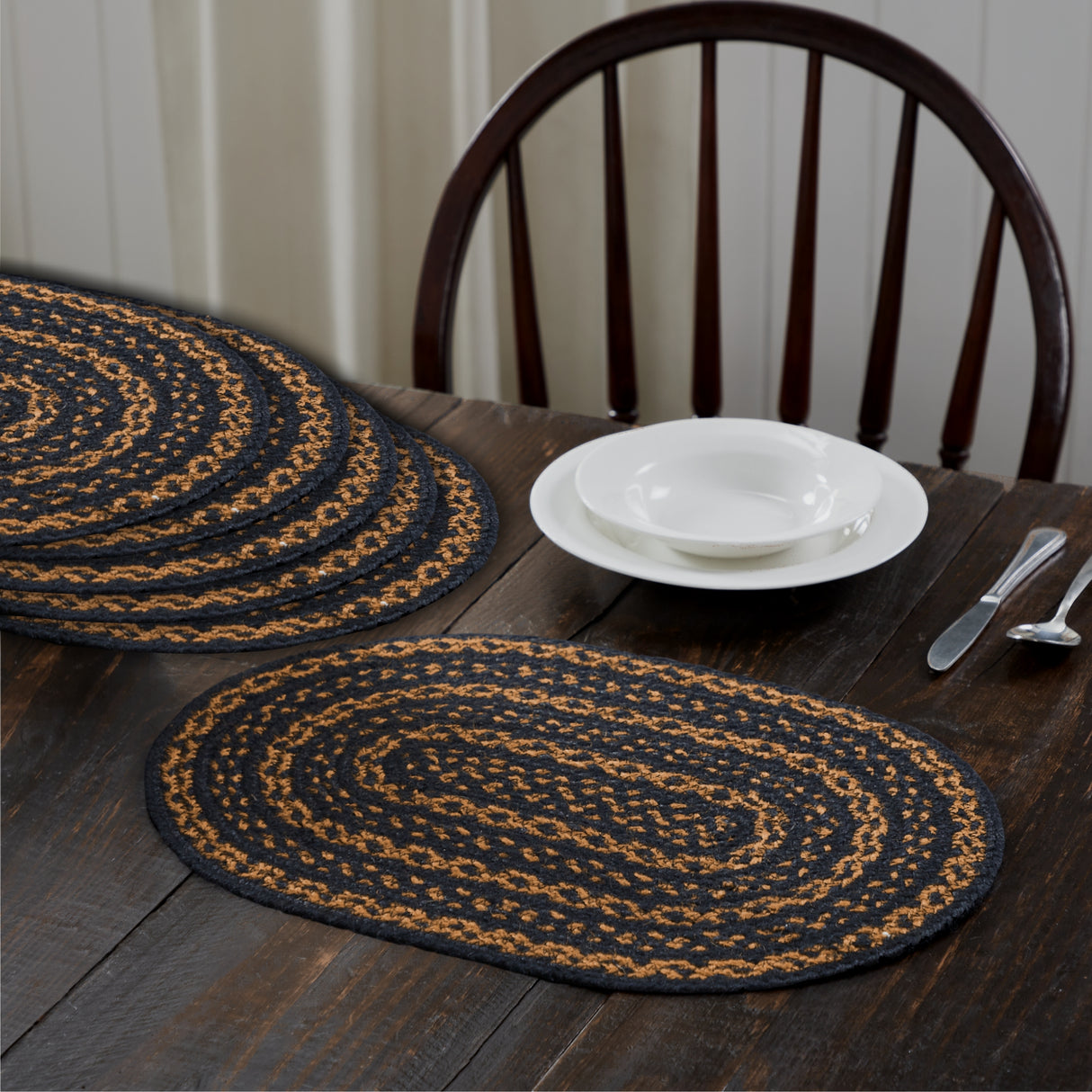 Black & Tan Jute Oval Placemat Set of 6 12x18