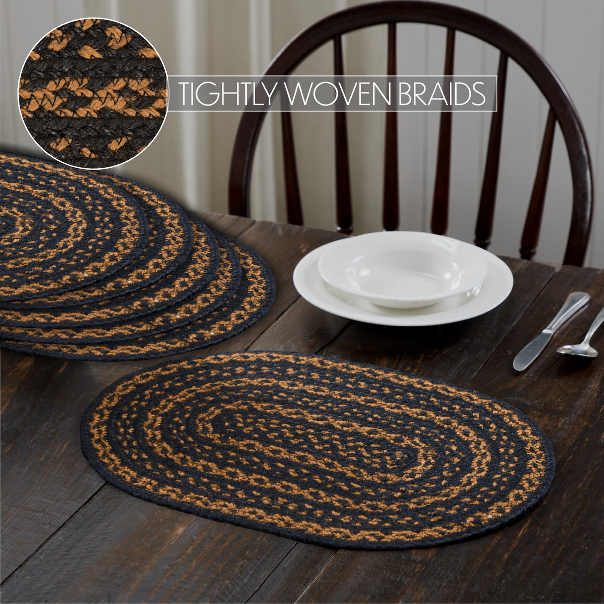 Black & Tan Jute Oval Placemat Set of 6 12x18