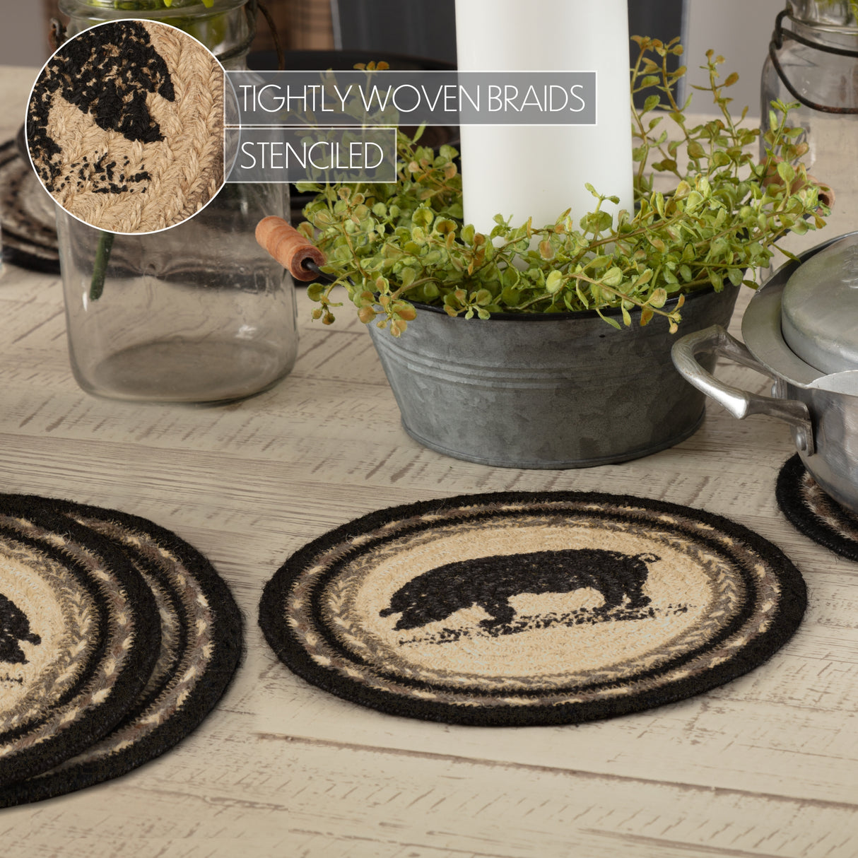 Sawyer Mill Charcoal Pig Jute Trivet 8 inch Diameter Set of 3