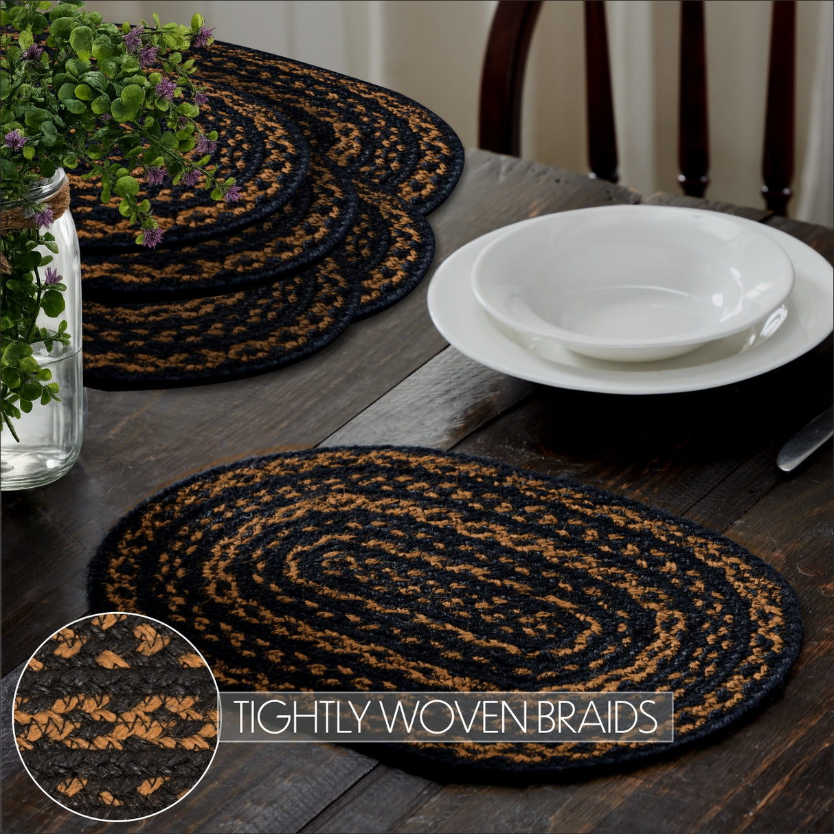 Black & Tan Jute Oval Placemat Set of 6 10x15