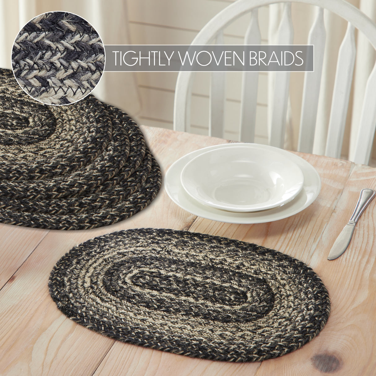 Sawyer Mill Black White Jute Oval Placemat Set of 6 10x15