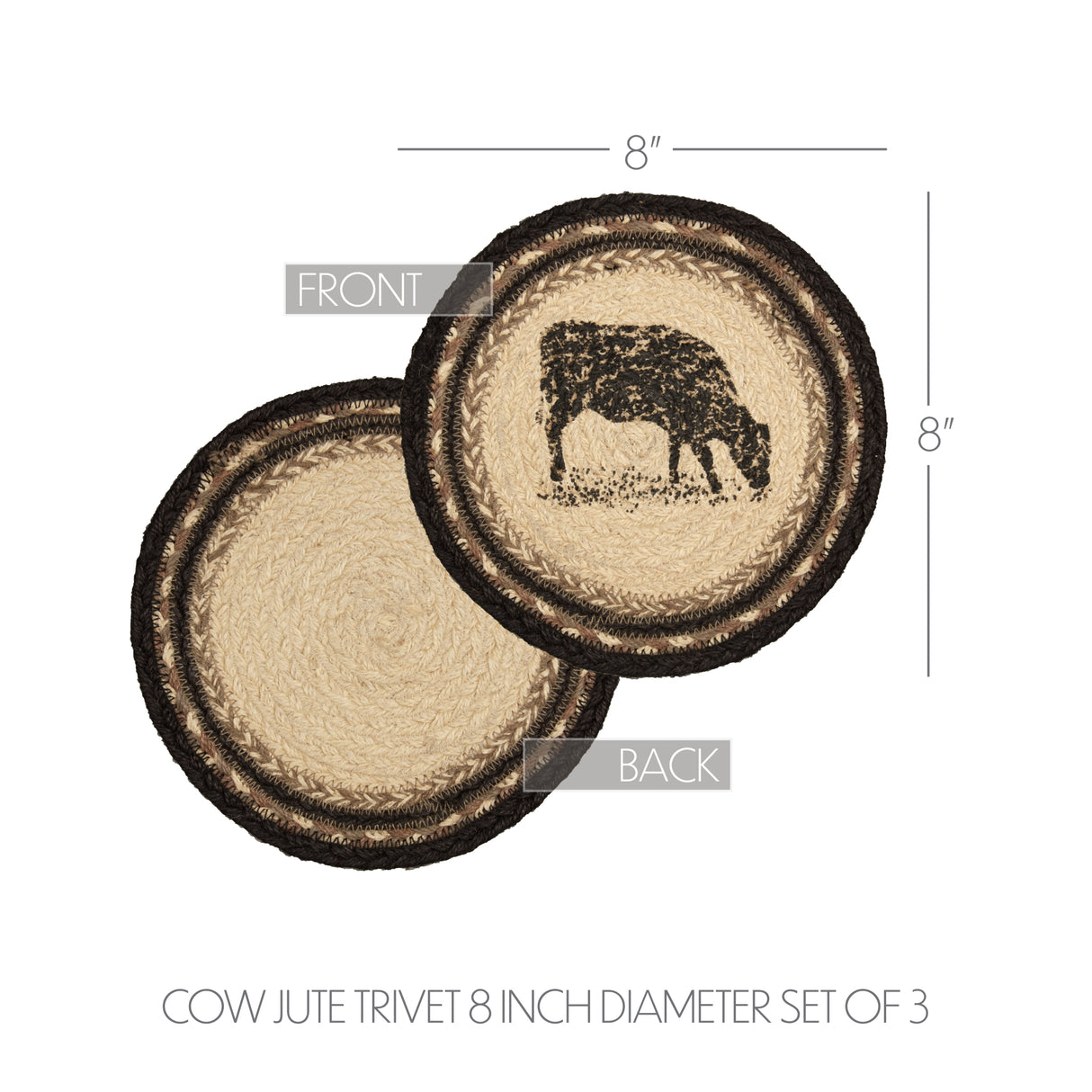 Sawyer Mill Charcoal Cow Jute Trivet 8 Set of 3