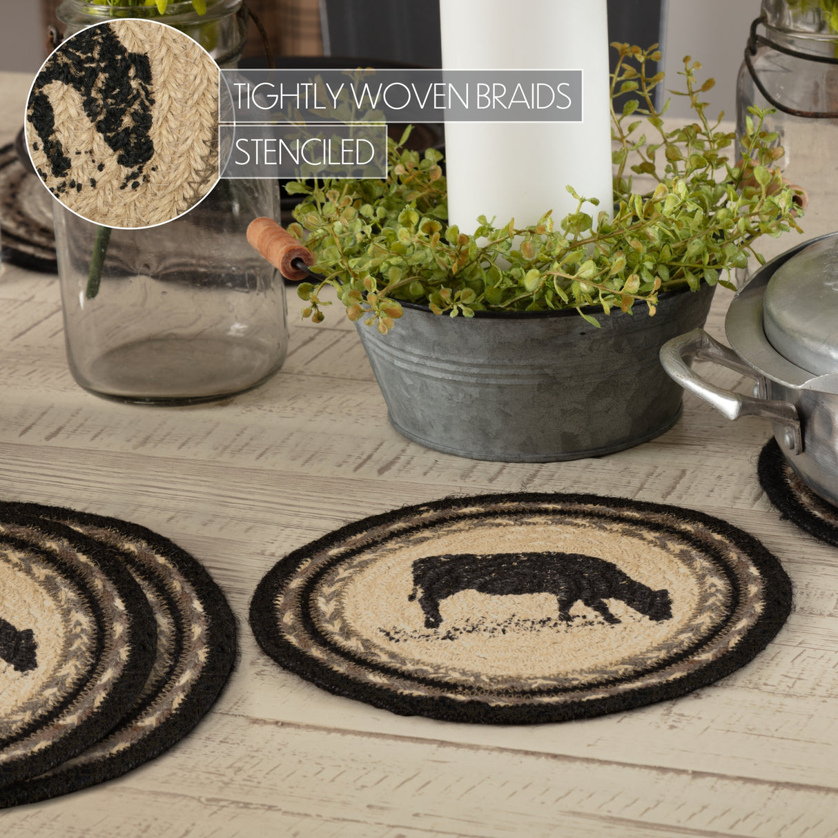 Sawyer Mill Charcoal Cow Jute Trivet 8 Set of 3