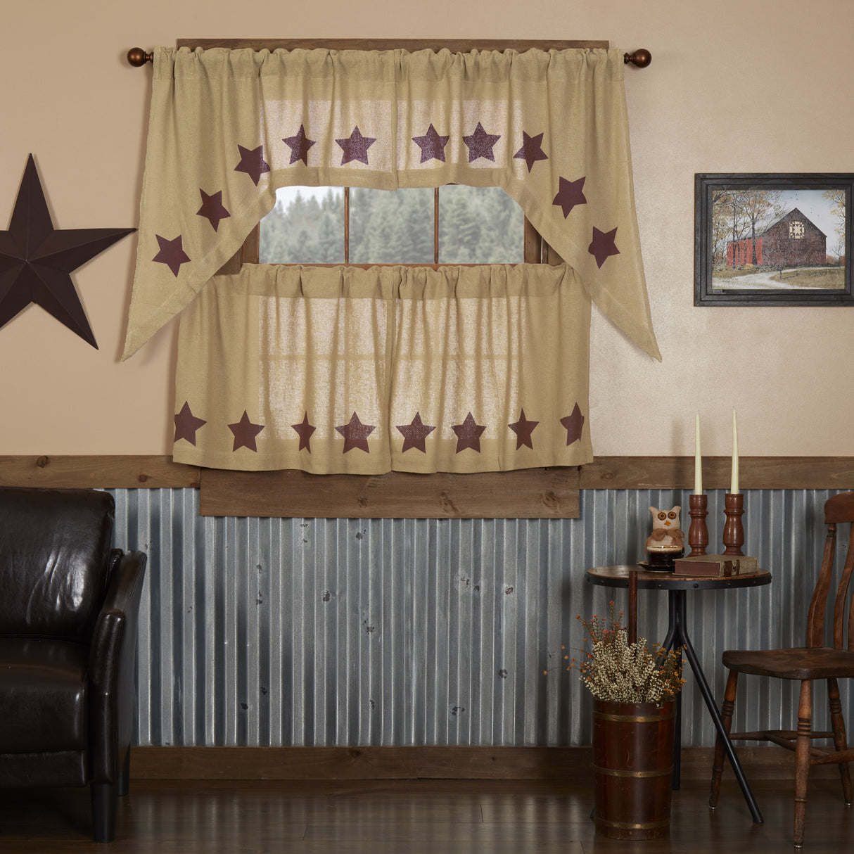 Burlap Natural with Star Curtain Set
