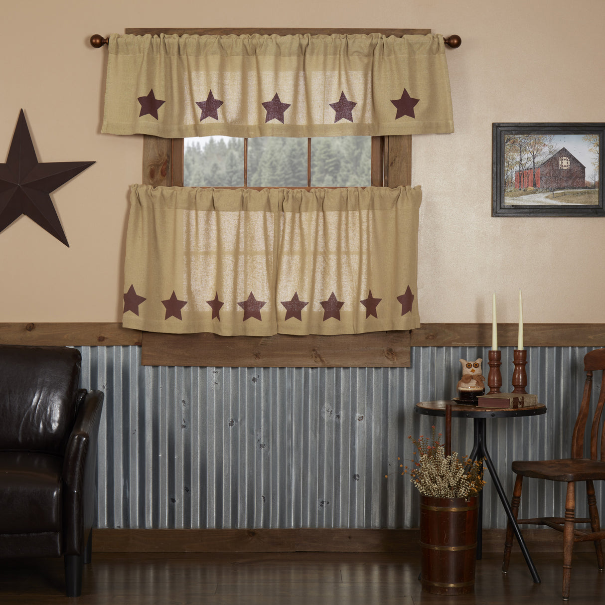 Burlap Natural with Star Curtain Set