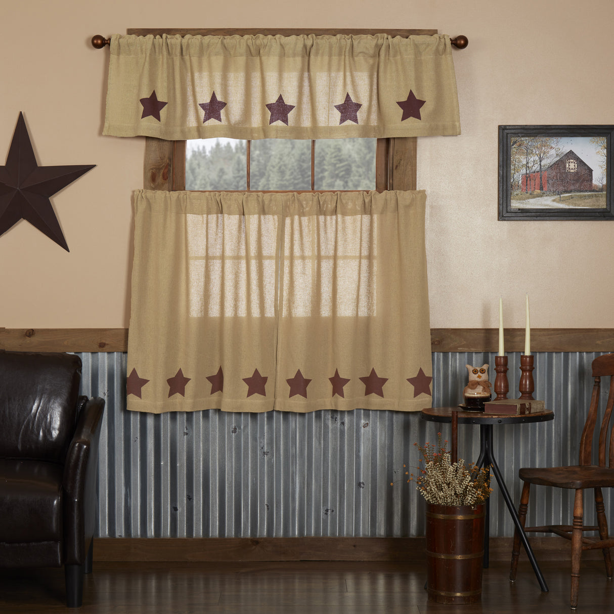 Burlap Natural with Star Curtain Set