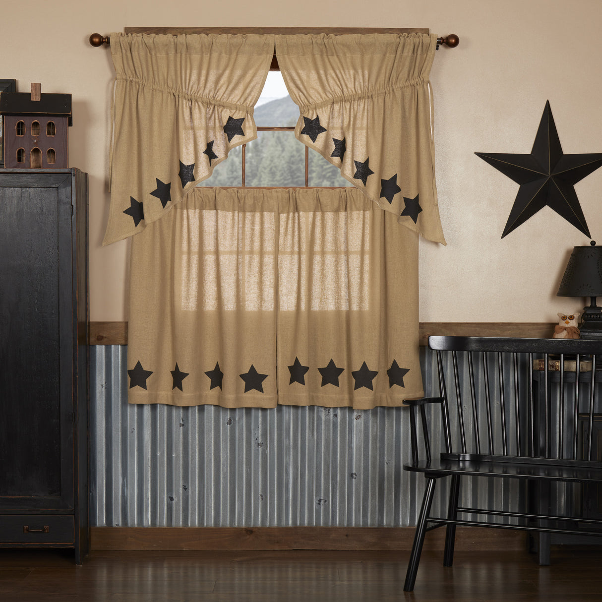 Burlap Natural with Star Curtain Set
