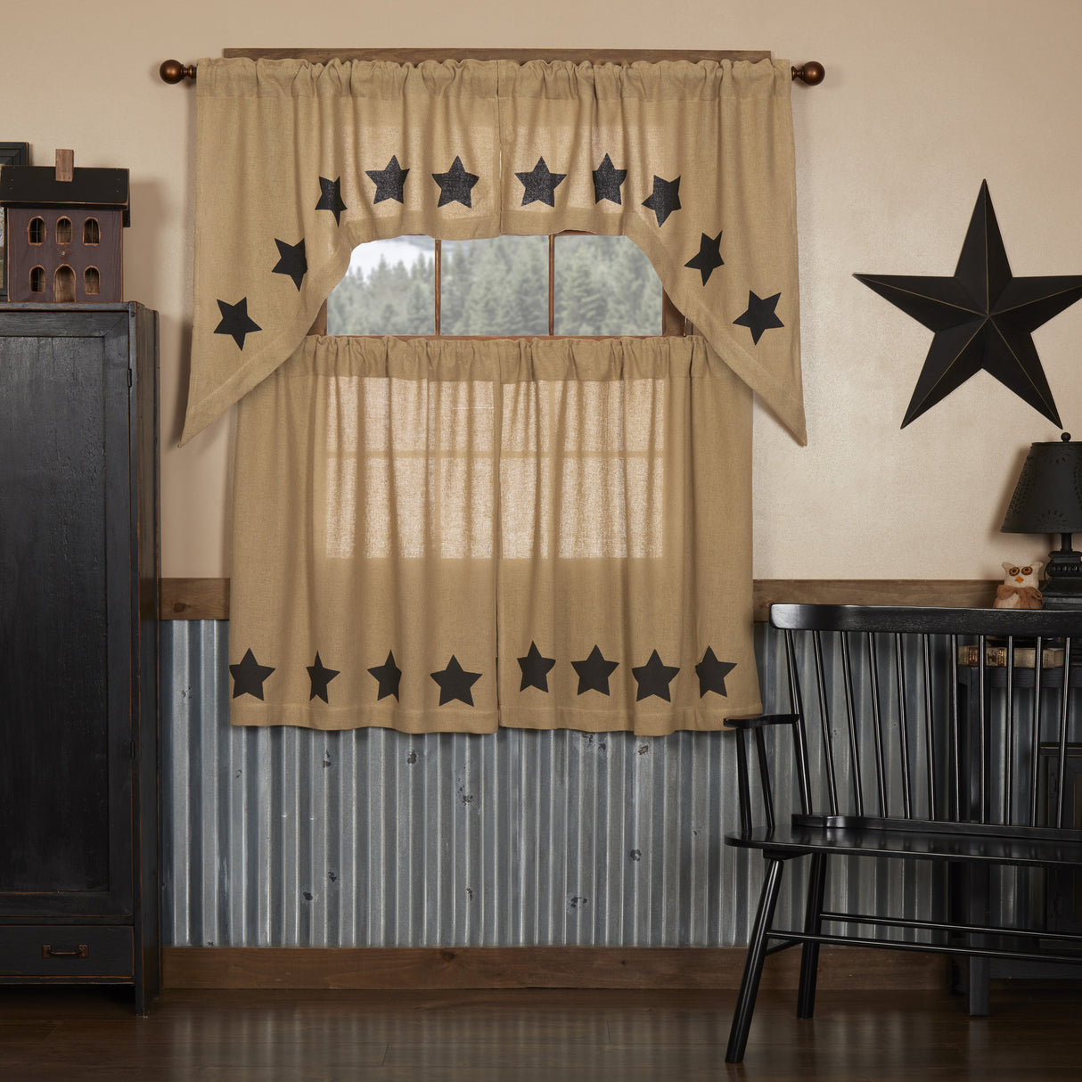 Burlap Natural with Star Curtain Set