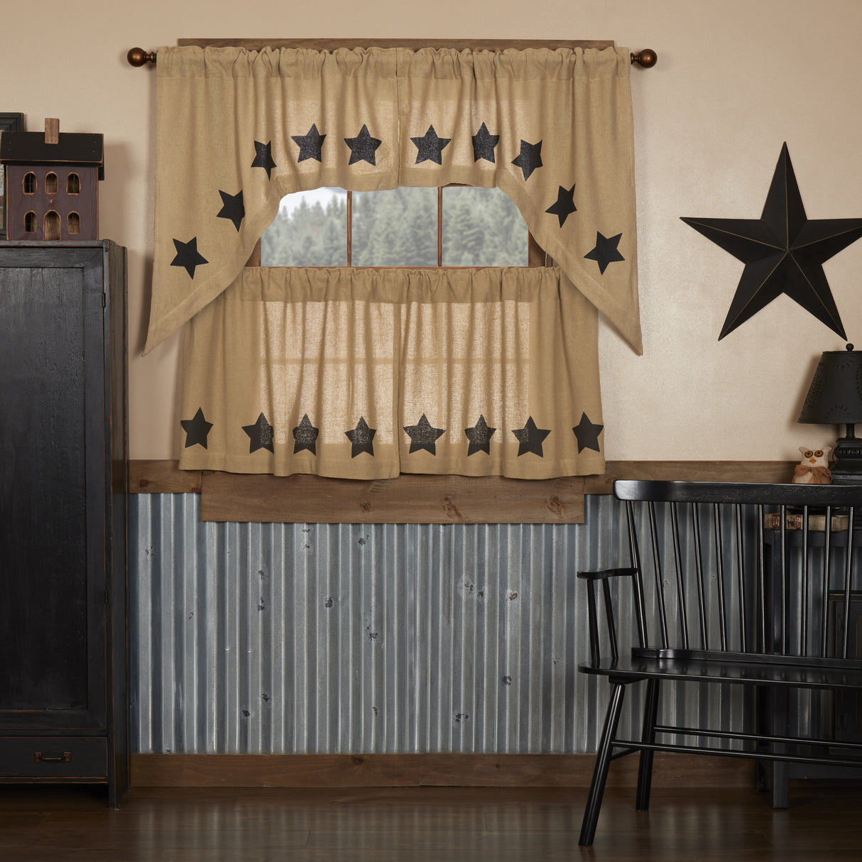 Burlap Natural with Star Curtain Set