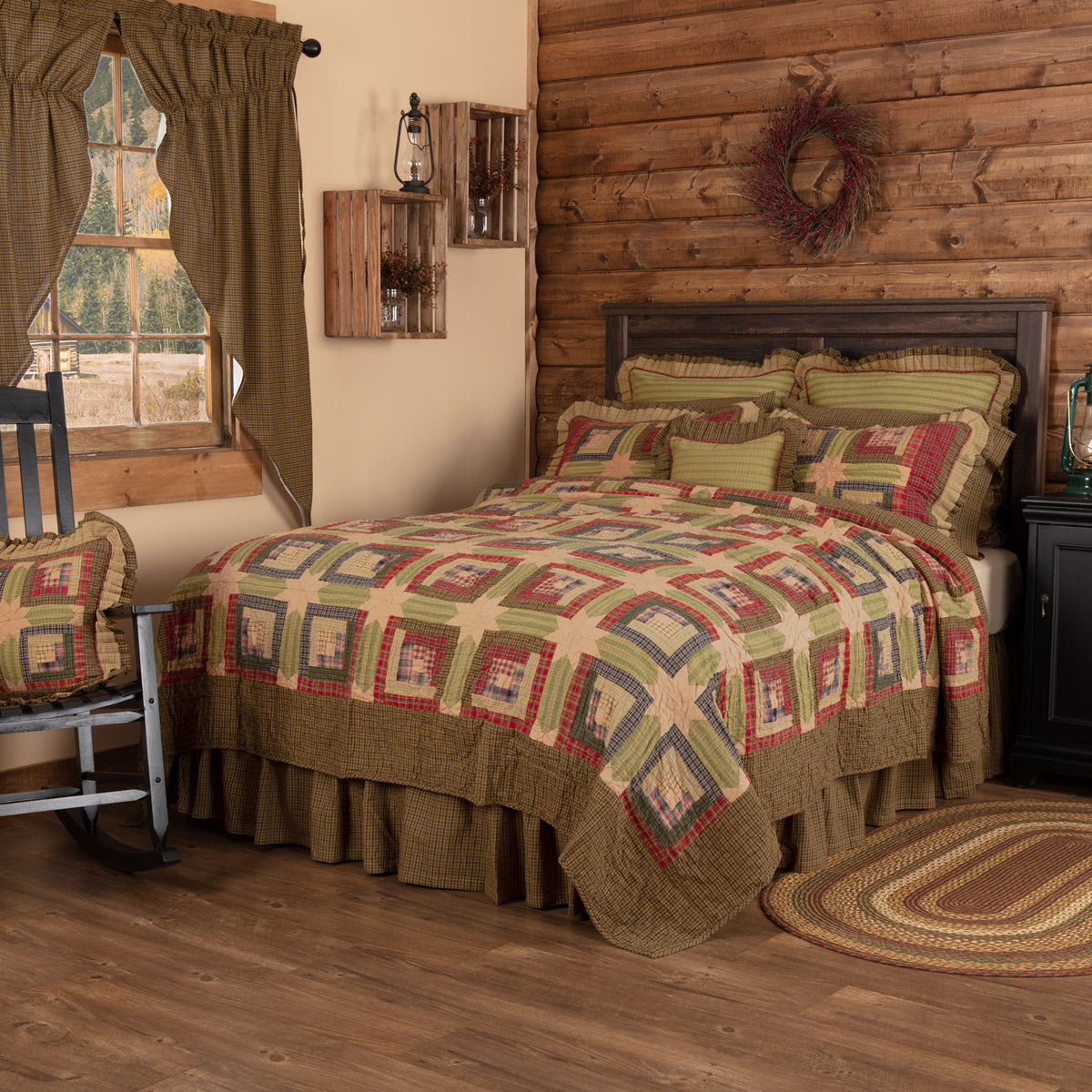 Tea Cabin 6PC Moss Green Bedding Set Queen (1 Quilt, 2 Shams, 2 Pillowcases, 1 Bedskirt)