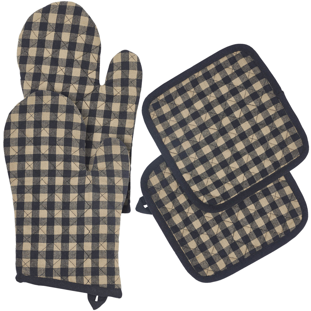 VHC Brands Black Check 4PC Set 2 Oven Mitts and 2 Pot Holders
