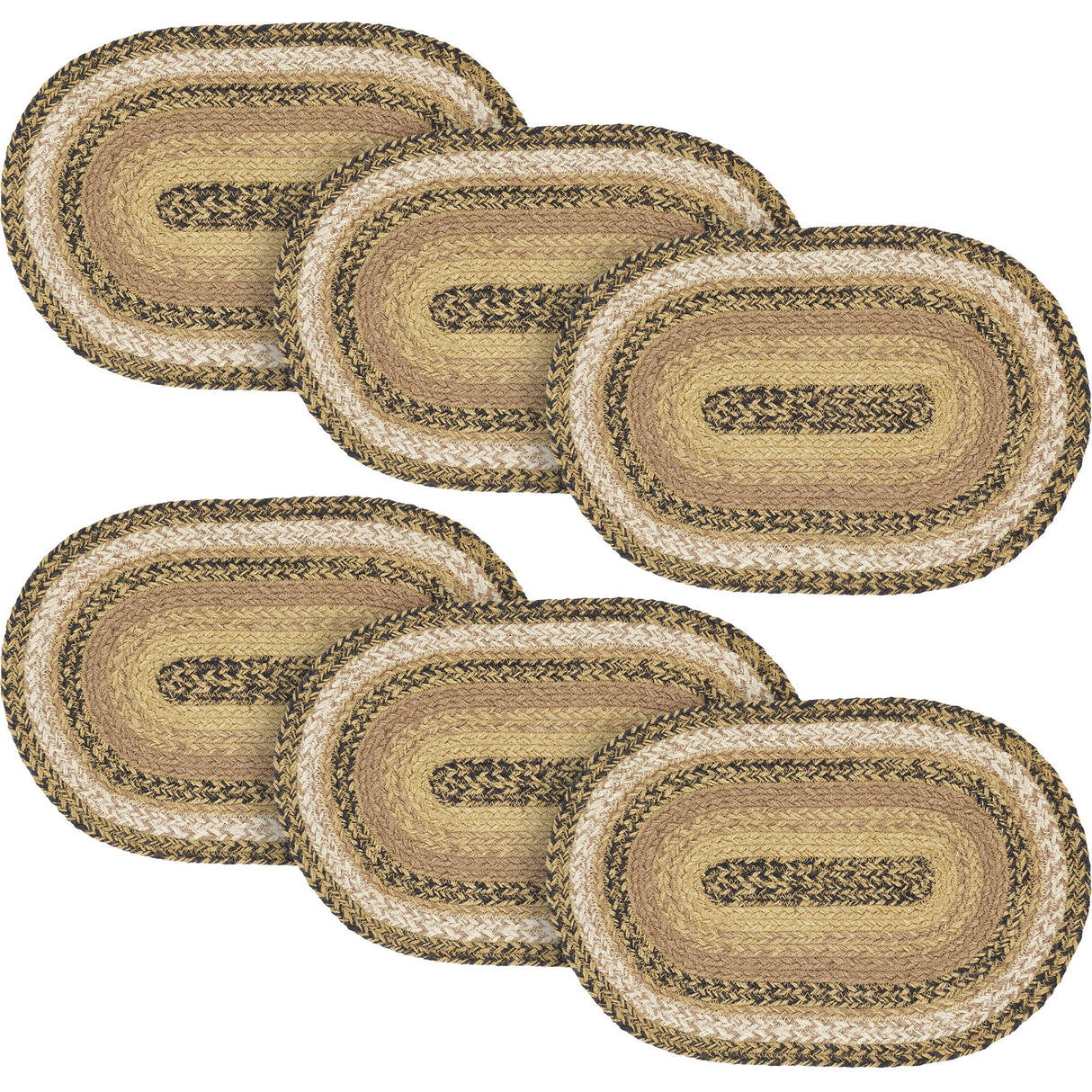 Kettle Grove, Dining Table Placemat, Braided Jute, Oval, Tan & Black, 10x15, 6 Pack 6 Pack