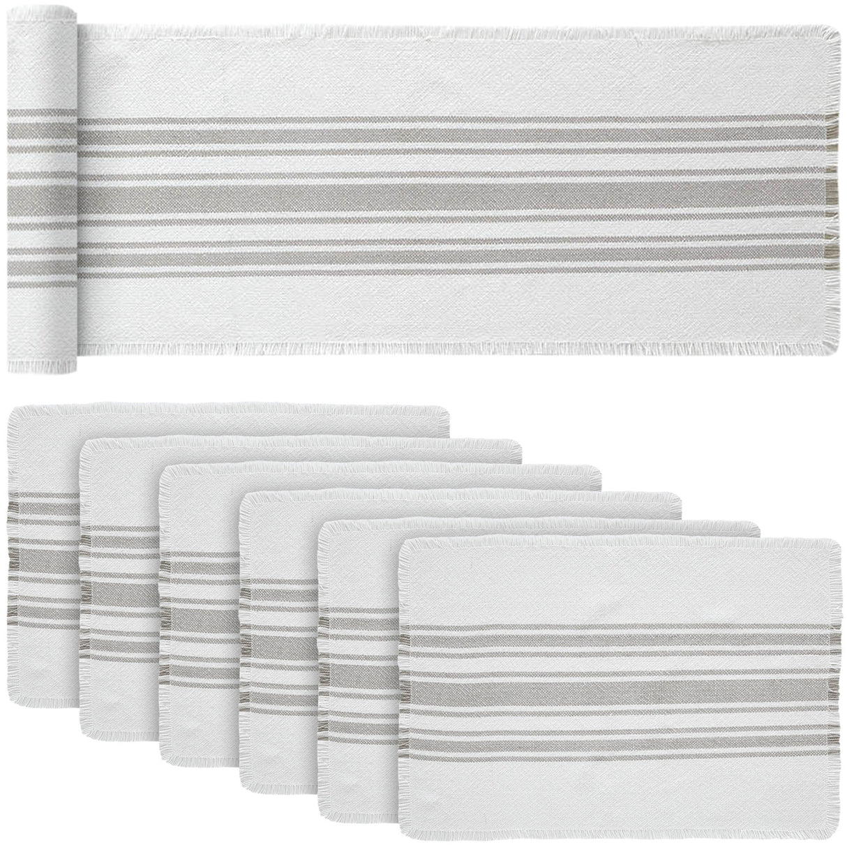 Antique White Stripe Dove Grey 12x72 Table Runner & 6 pc 13x19 Placemat Set