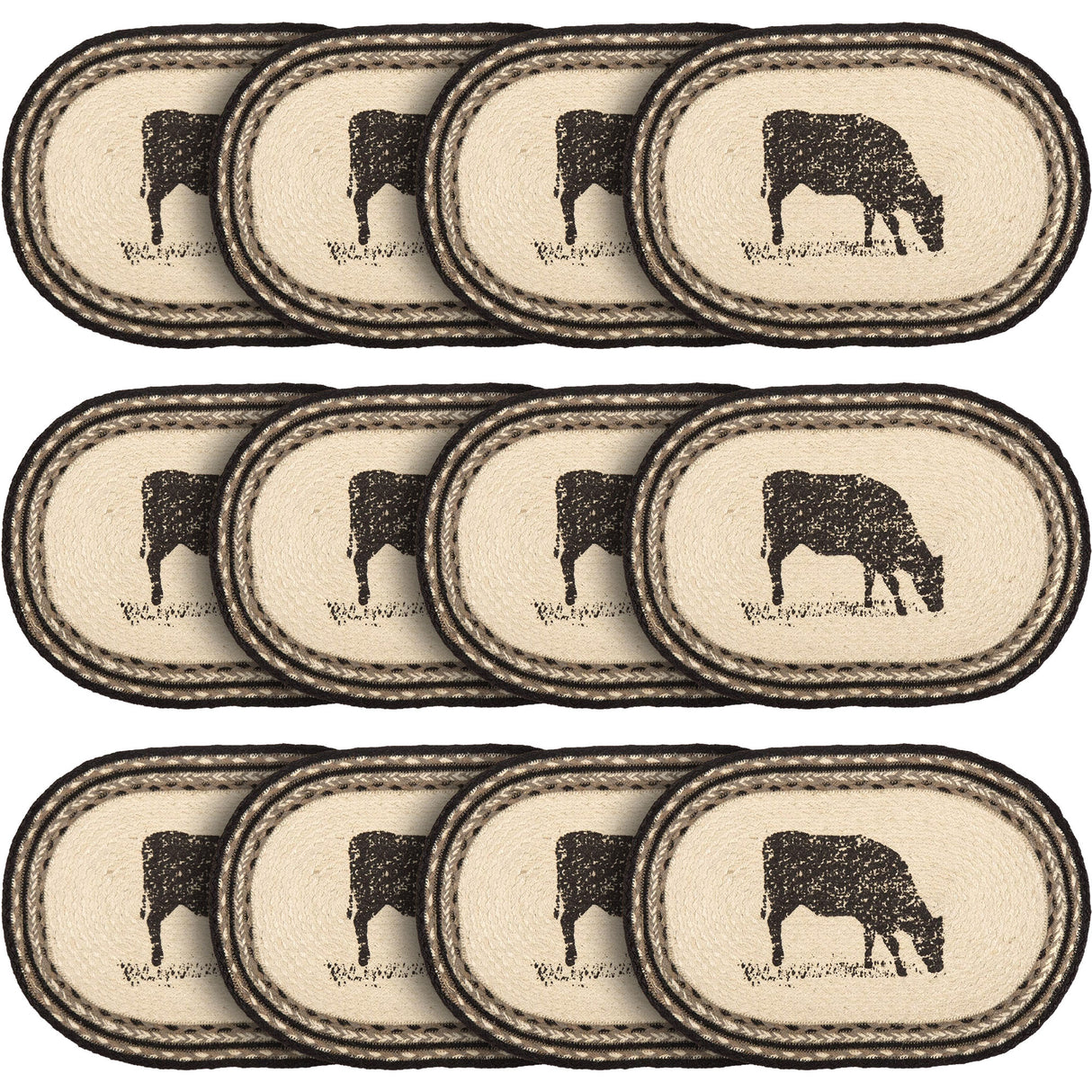 Placemats Sawyer Mill Charcoal Jute Farmhouse 12x18 Set of 6 Cow, 12 Pack