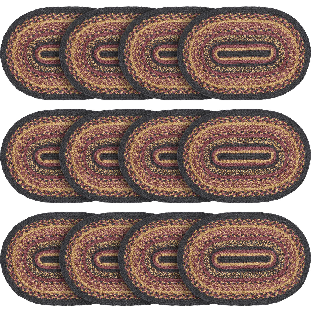 Heritage Farms Dining Table Placemat, Braided Jute, Oval, Red Black Tan. 10x15, 12 Pack 12 Pack