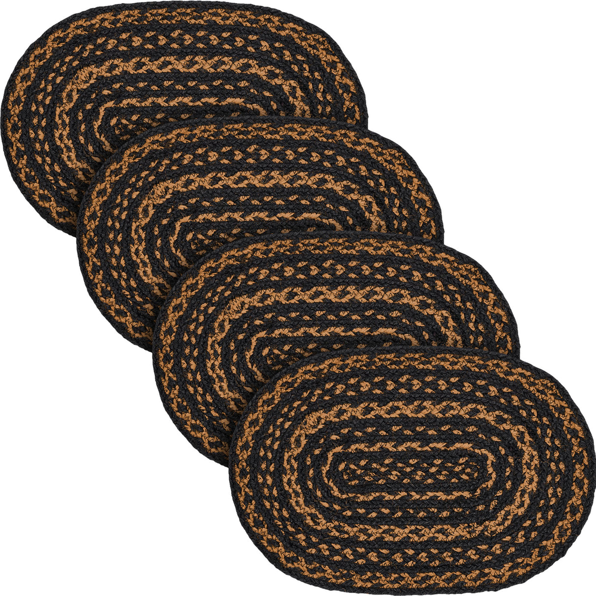 Black & Tan Dining Table Placemat, Braided Jute, Oval, Black, 10x15, 4 Pack 4 Pack