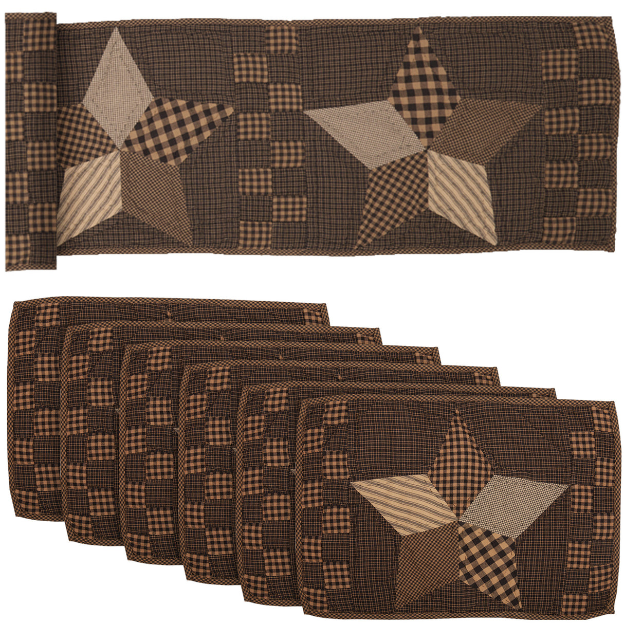 Farmhouse Star Charcoal Black 13x72 Table Runner & 6 pc 12x18 Placemat Set