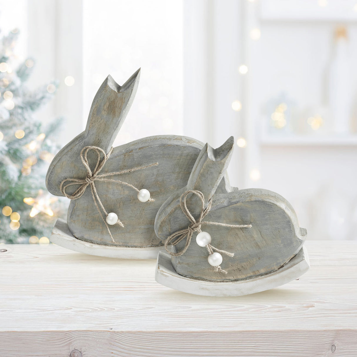 VHC Brands Bunny Hop 2PC Bunny Hop Wooden Bunny w/ Pearl Beads & Rocker Base ,Small and Large