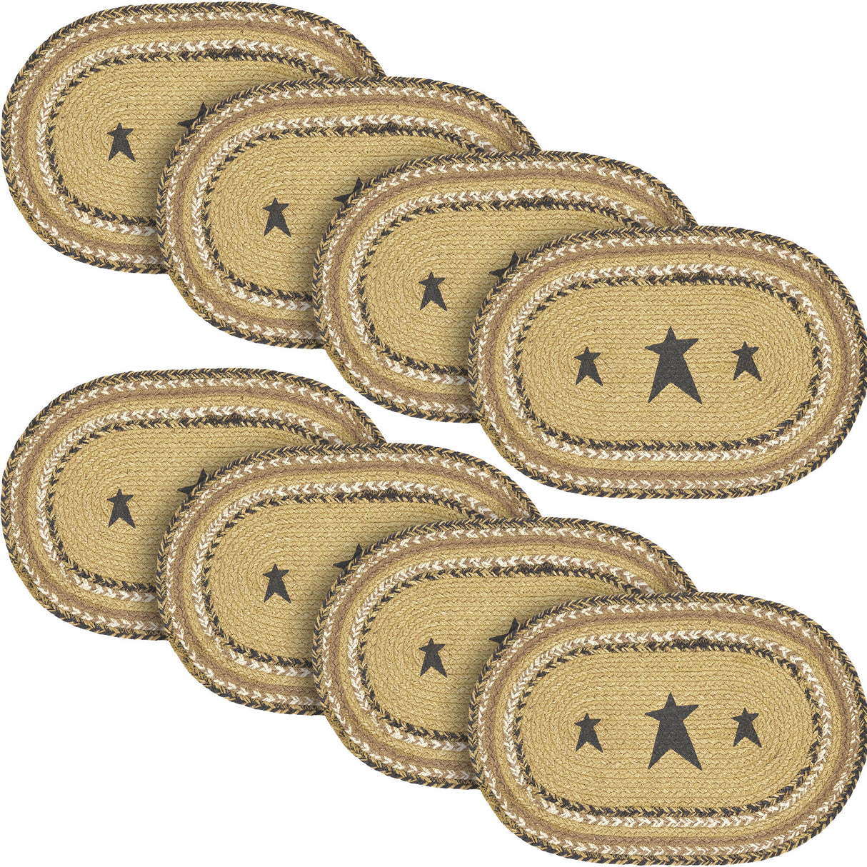 Kettle Grove, Dining Table Placemat, Braided Jute, Stars, Oval, Tan & Black, 10x15, 8 Pack 8 Pack
