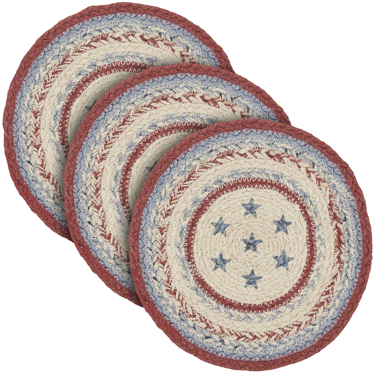 Celebration Braided Jute Mat Trivet Placemat, Round, Red Creme Blue, 8 inch, Set of 3