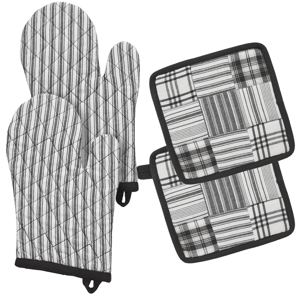 VHC Brands Sawyer Mill Black 4PC Set 2 Oven Mitts and 2 Pot Holders