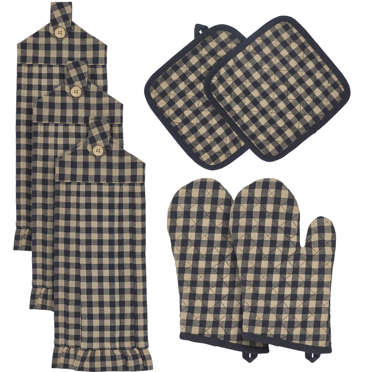 VHC Brands Black Check 7PC Set 2 Oven Mitt 2 Pot Holder and 3 Tea Towels