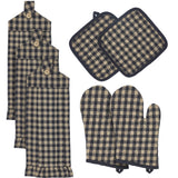 VHC Brands Black Check 7PC Set 2 Oven Mitt 2 Pot Holder and 3 Tea Towels