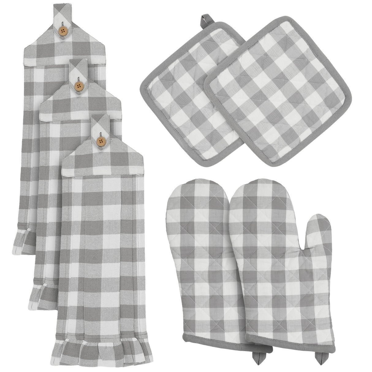 VHC Brands Annie Buffalo Check Gray 7PC Set 2 Oven Mitt 2 Pot Holder and 3 Tea Towels