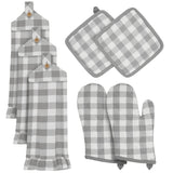 VHC Brands Annie Buffalo Check Gray 7PC Set 2 Oven Mitt 2 Pot Holder and 3 Tea Towels