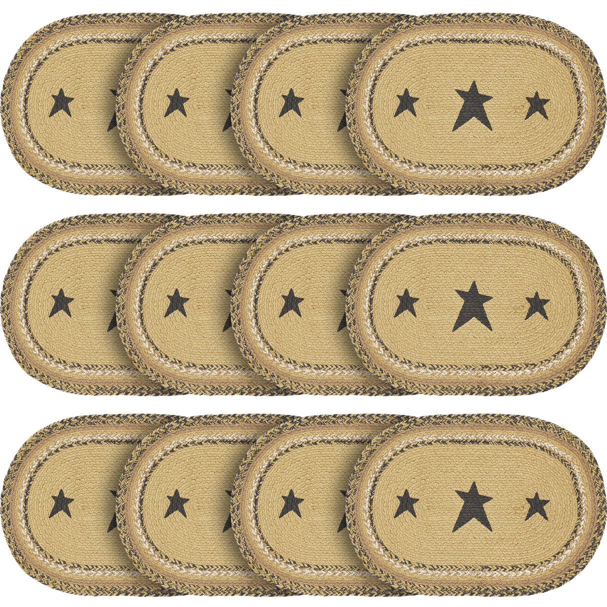 Kettle Grove, Dining Table Placemat, Braided Jute, Stars, Oval, Tan & Black, 10x18, 12 Pack 12 Pack