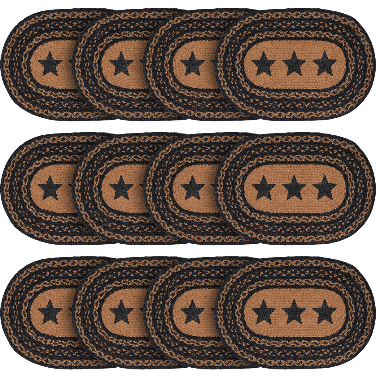 Farmhouse Star Dining Table Placemat, Braided Jute, Oval, Black Tan, 10x15, 12 Pack 12 Pack