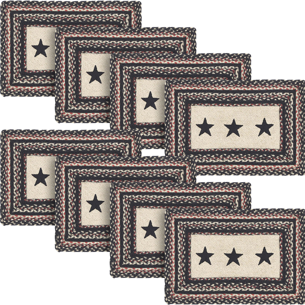 Primitive Colonial Star Table Placemat, Tan Black Red, Jute Blend, Rectangle, 12x18 Inches, 8 Pack 8 Pack