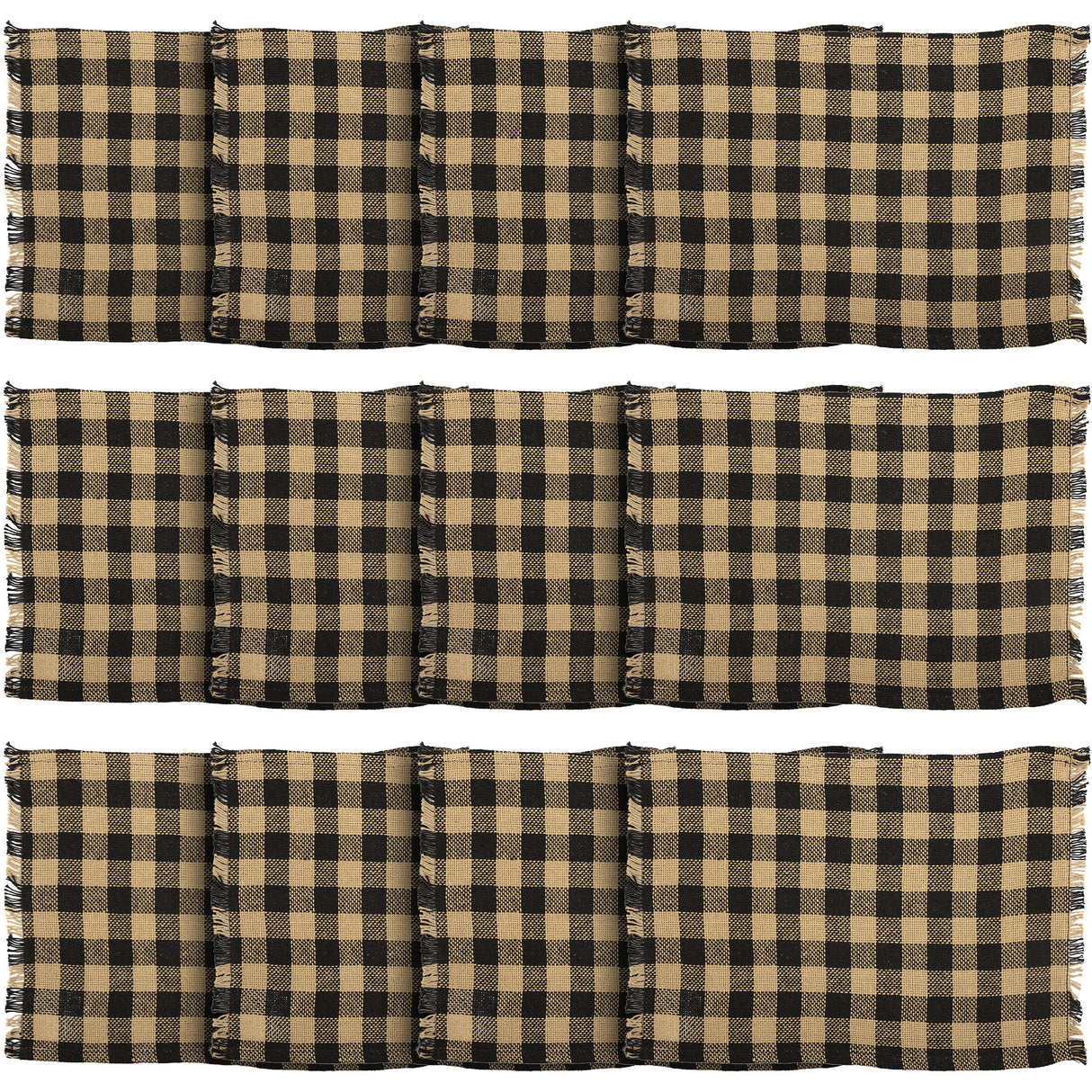 VHC Brands, Burlap Black Check, Cotton, 12x18, Fringed, Placemat, Set of 6, Black, 12 Pack