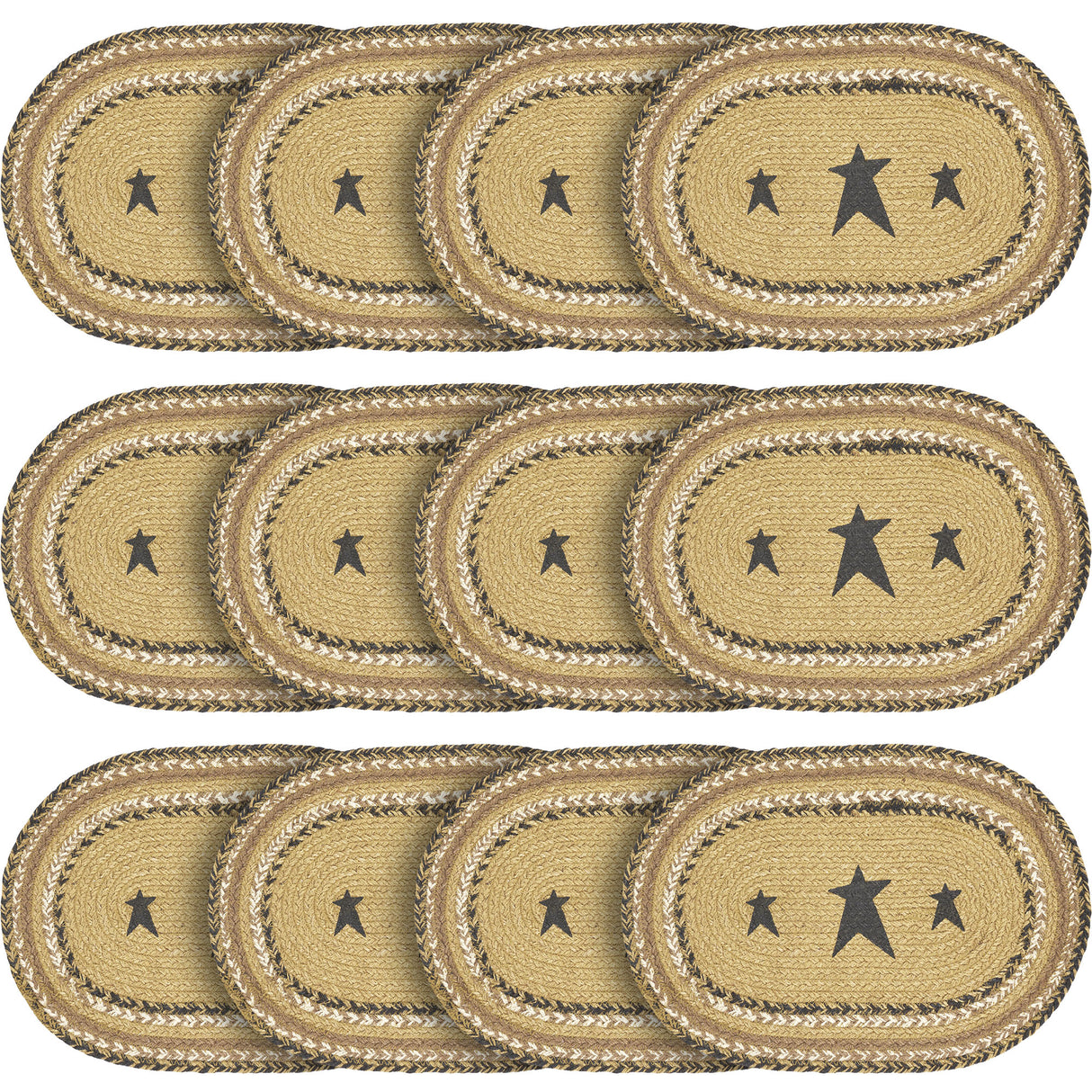 Kettle Grove, Dining Table Placemat, Braided Jute, Stars, Oval, Tan & Black, 10x15, 12 Pack 12 Pack