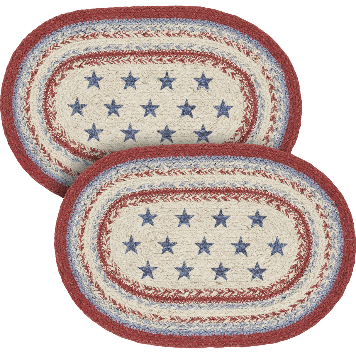 Celebration Dining Table Placemat, Braided Jute, Oval, Red Creme Blue, 10x15, 2 Pack