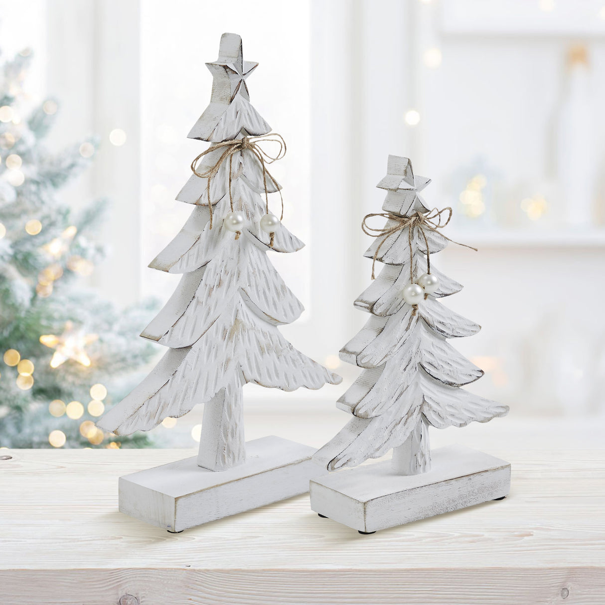 VHC Brands 2PC Festive Fir Distressed White Wooden Tree ,Small and Large