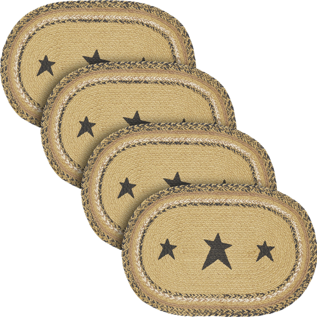 Kettle Grove, Dining Table Placemat, Braided Jute, Stars, Oval, Tan & Black, 10x18, 4 Pack 4 Pack