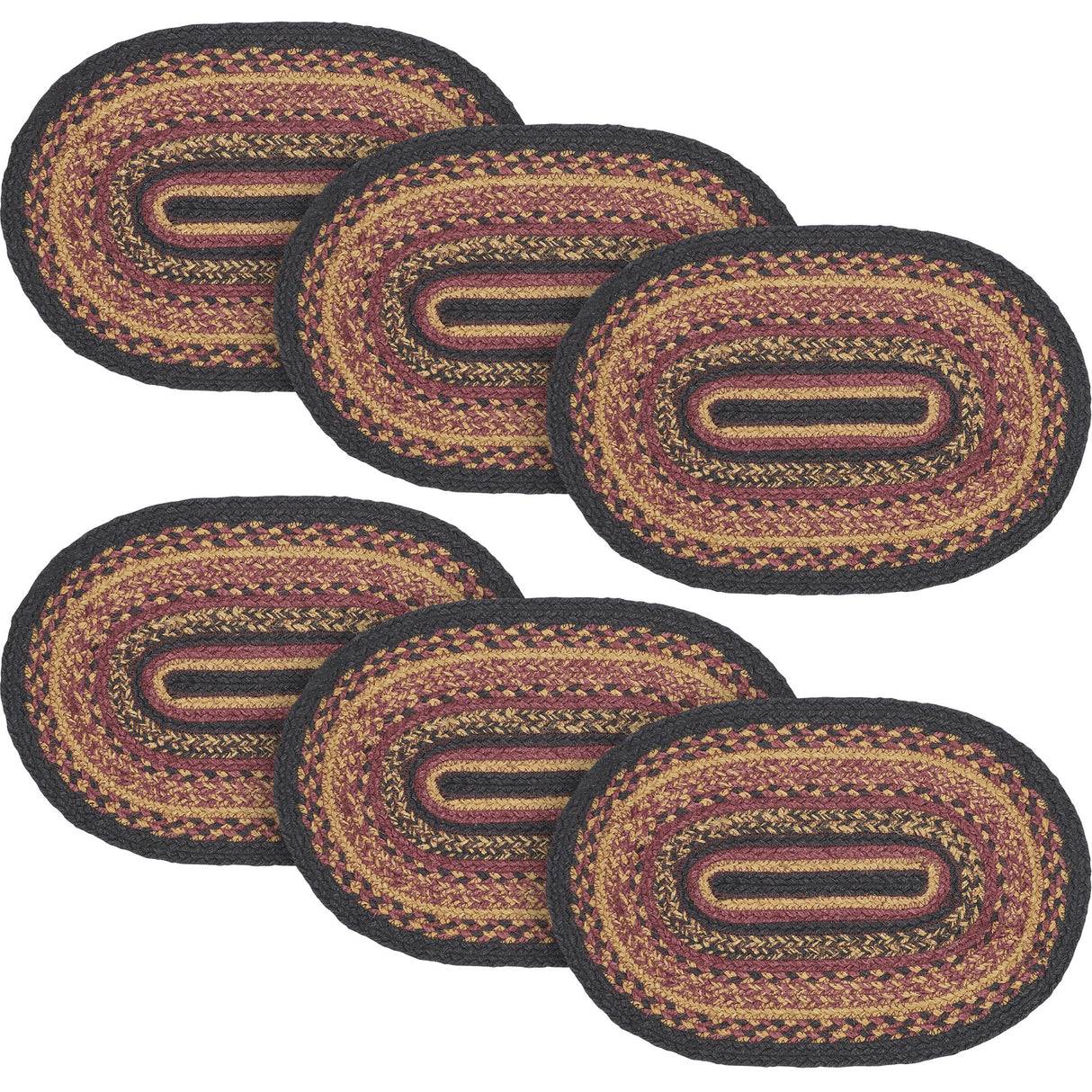 Heritage Farms Dining Table Placemat, Braided Jute, Oval, Red Black Tan. 10x15, 6 Pack 6 Pack