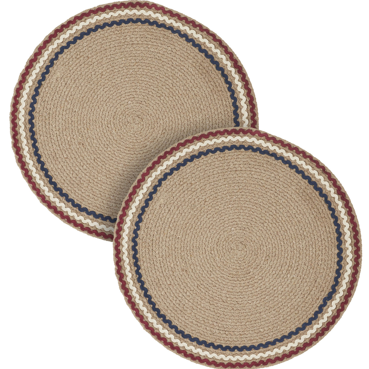 Patriotic Red Blue Ric Rac Placemat 14 Inch Diameter, Round, Primitive Fourth of July Place Mat, Independence Day Tabletop Decor, 2 Pack