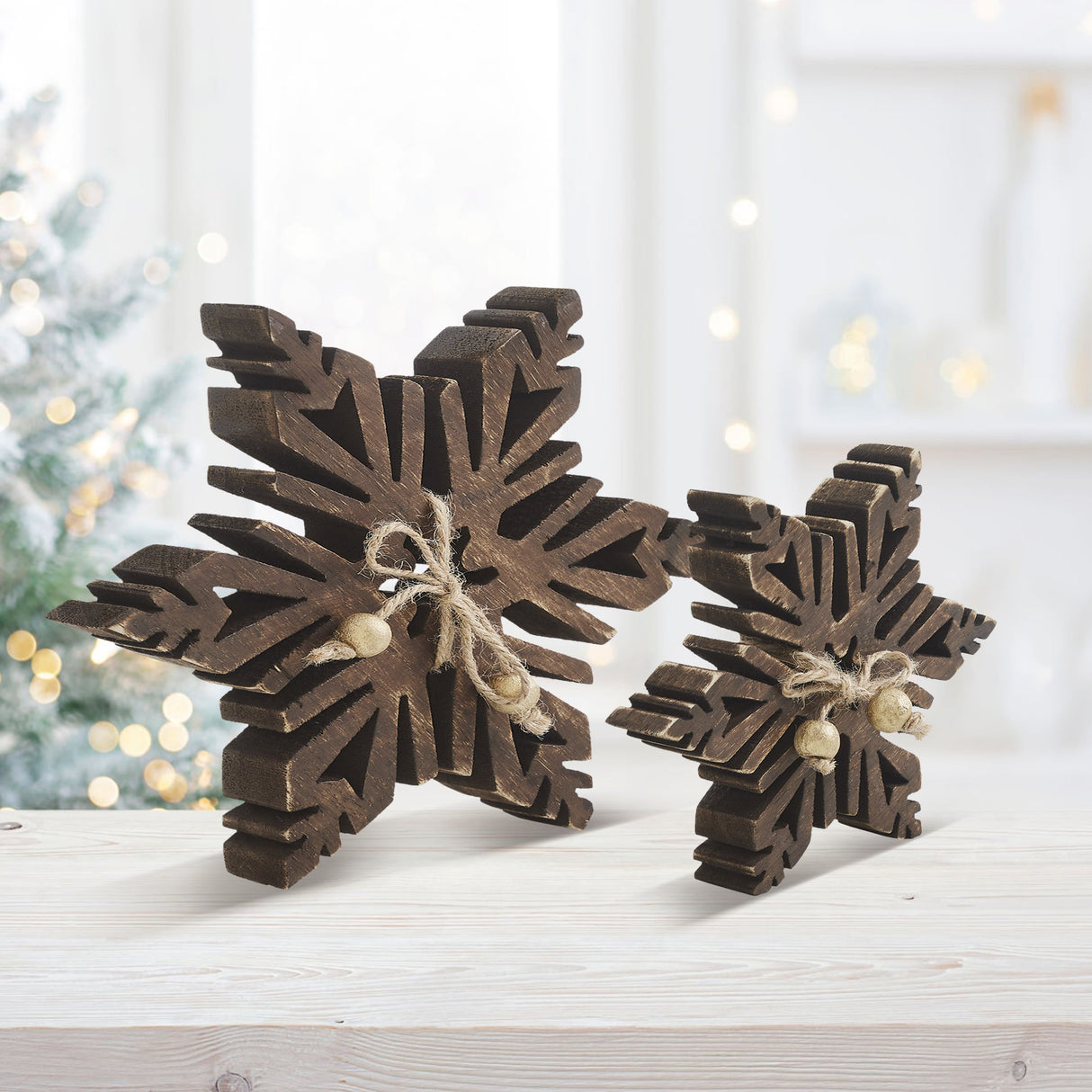 VHC Brands 2PC Dark Wooden Snowflake ,Small and Large