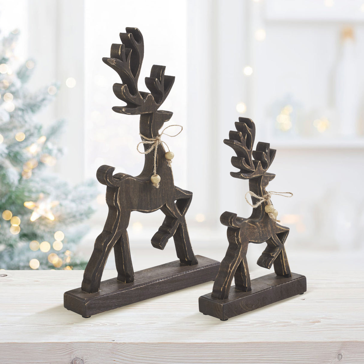 VHC Brands 2PC Woodland Winter Dark Wooden Reindeer ,Small and Large