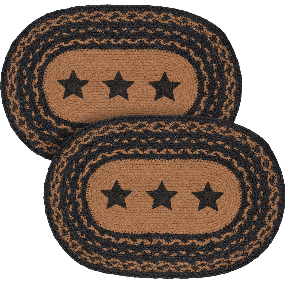 Farmhouse Star Dining Table Placemat, Braided Jute, Oval, Black Tan, 12x18, 2 Pack
