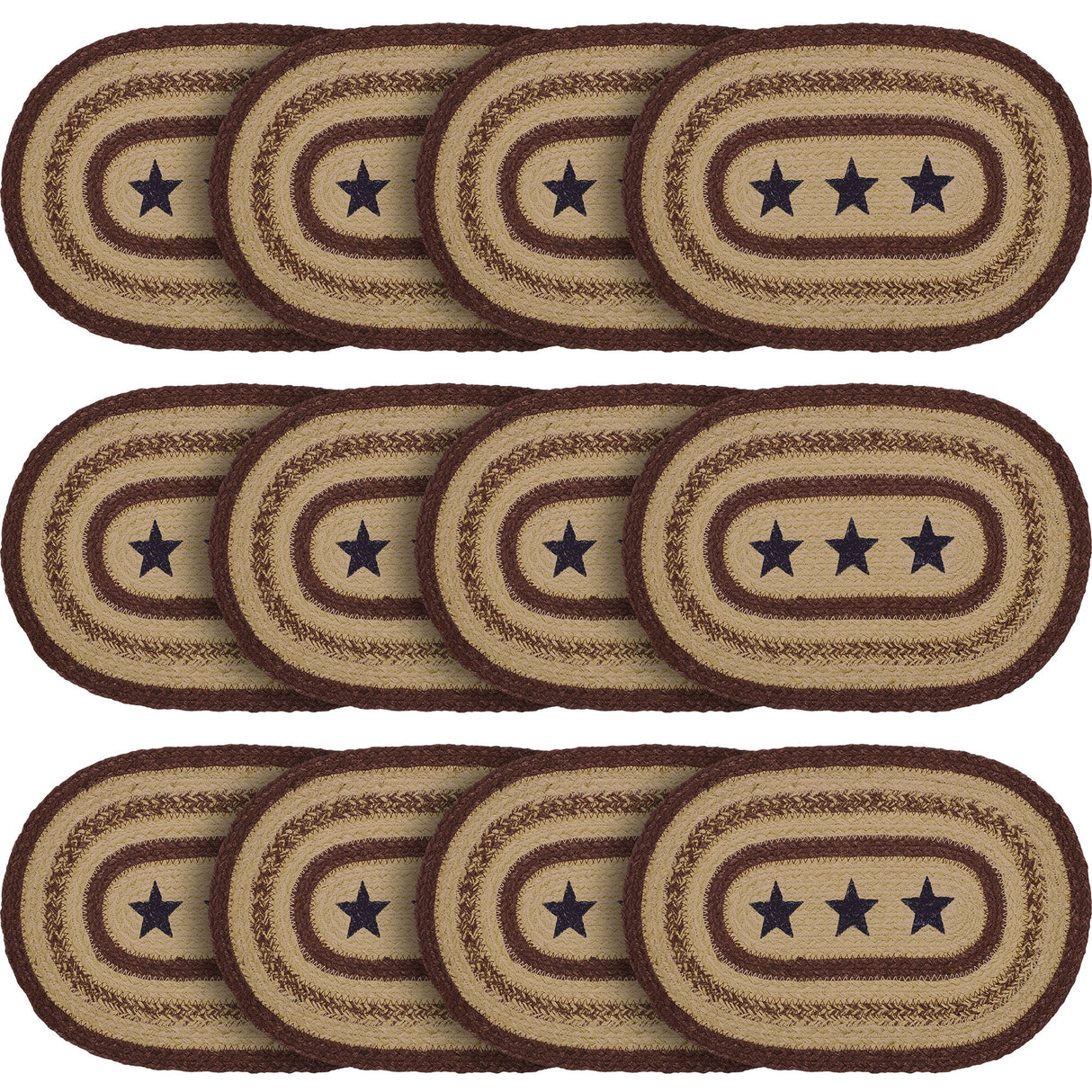 Potomac, Dining Table Placemat, Braided Jute, Oval, Stars, Red Blue Tan, 10x15, 12 Pack 12 Pack